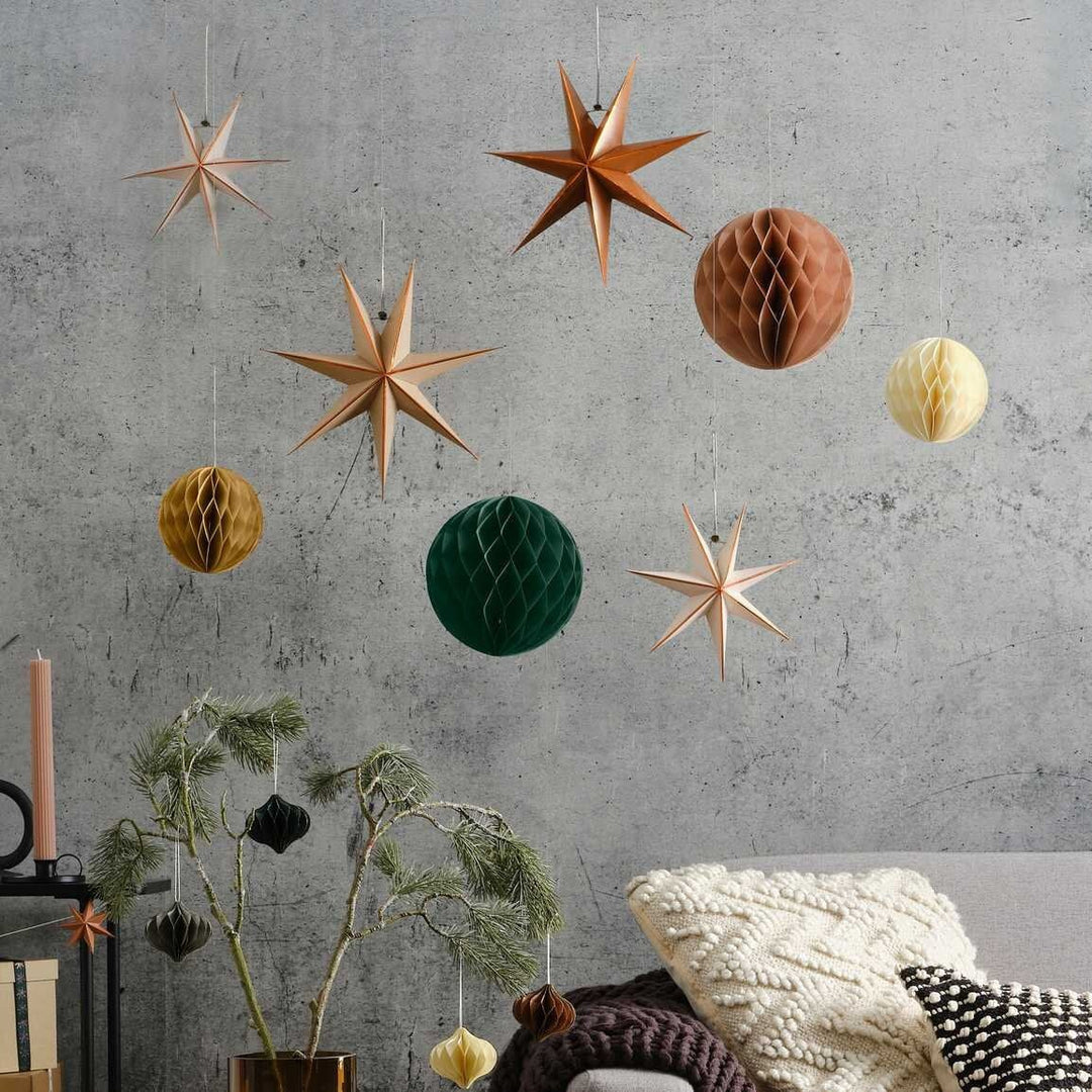 Stars and Honeycomb Hanging Christmas Decorations - Scandi Xmas Decorations - Holiday Decor - Pack Of 8