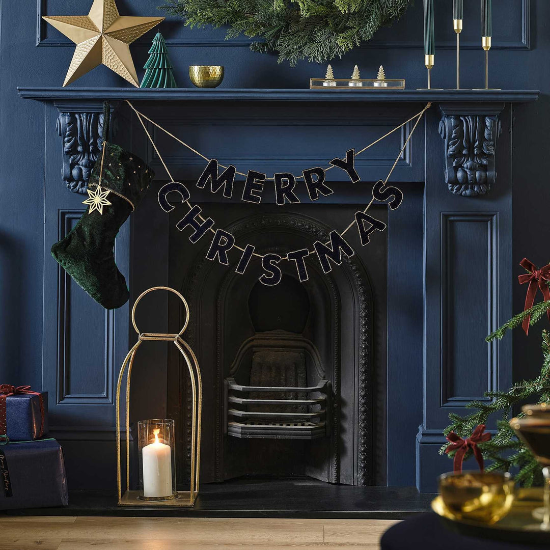 Navy Velvet Beaded Merry Christmas Bunting - Blue Christmas Decoration - Christmas Decorations - Holiday Decor