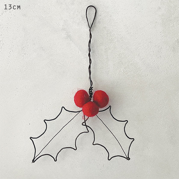 Wire Holly Leaf With Red Berries - Christmas Hanging Decoration - Dark Wire Mini Wreath - Christmas Decorations - Holiday Decor