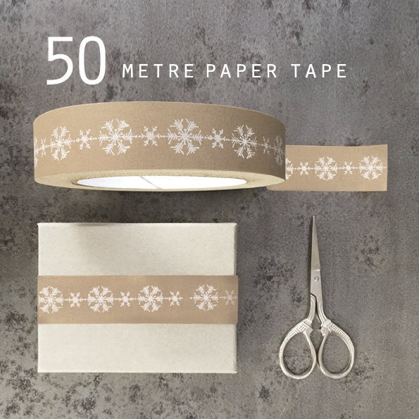 Christmas Tape - Brown Tape With White Snowflakes - Christmas Crafts - Christmas Wrapping - 50m Roll - East Of India