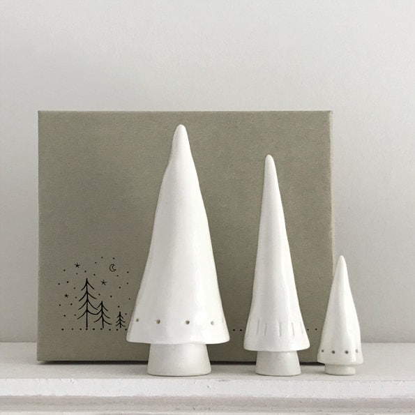 Porcelain Christmas Tree Set - Mini White Conical Christmas Trees - Christmas Decorations - Christmas Gift Set - East Of India