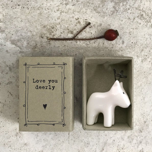 Porcelain Deer Matchbox Gift - Love You Deerly - Gift For Friend Or Loved One - Friendship Gifts - Mini White Porcelain Deer - East Of India