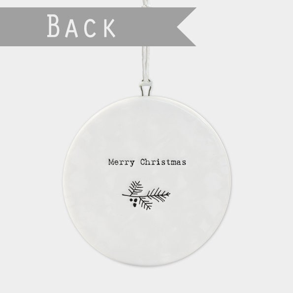 Porcelain Christmas Decoration - Merry Christmas White Flat Bauble With Wreath - Small White Christmas Tree Decoration - Firs -Holiday Decor