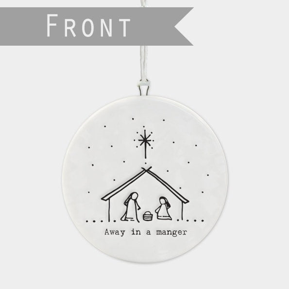 Porcelain Christmas Decoration - Away In A Manger White Flat Bauble With Nativity Scene-Small White Christmas Tree Decorations-Holiday Decor