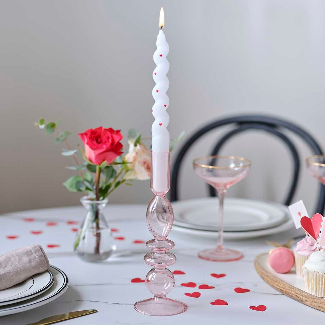 Heart Dinner Candles - White Valentine's Day Candles With Red Hearts - Candlesticks - Valentine's Decor - Table Decorations - Pack Of 2