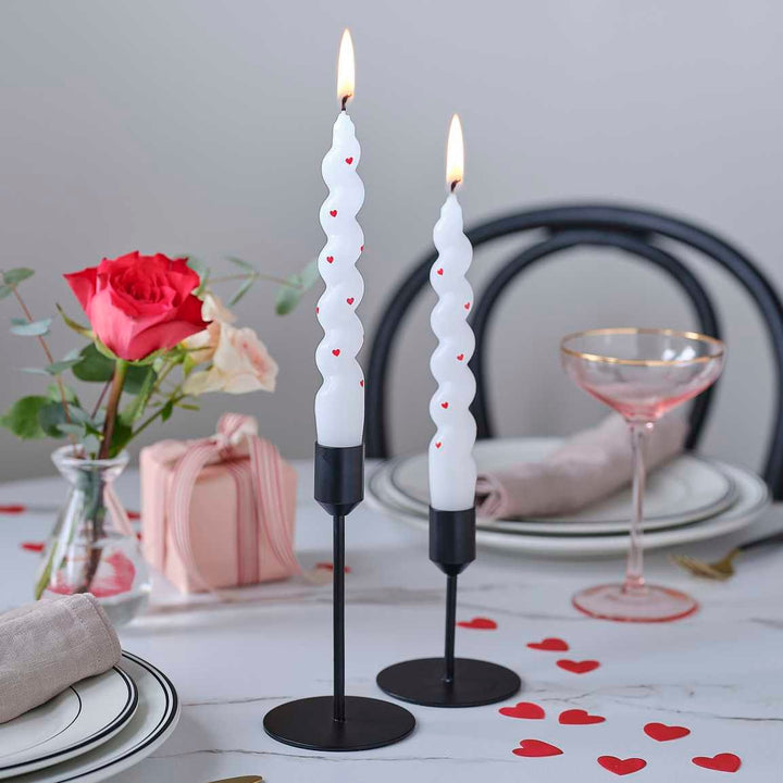 Heart Dinner Candles - White Valentine's Day Candles With Red Hearts - Candlesticks - Valentine's Decor - Table Decorations - Pack Of 2