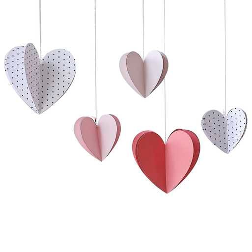 Hanging Heart Decorations - Valentine's Day 3D Hanging Hearts - Valentines Decor - Red, Pink, Blush & Off White Hearts - Pack Of 5