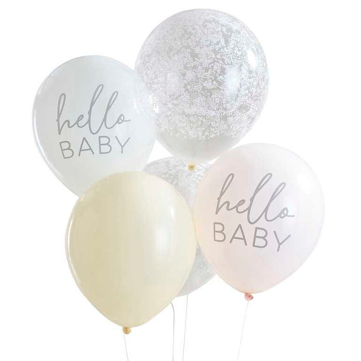 Hello Baby Baby Shower Balloons - Hello Baby Confetti Balloons - Floral Baby Shower Decorations - Pastel Baby Shower Decor - Pack of 5