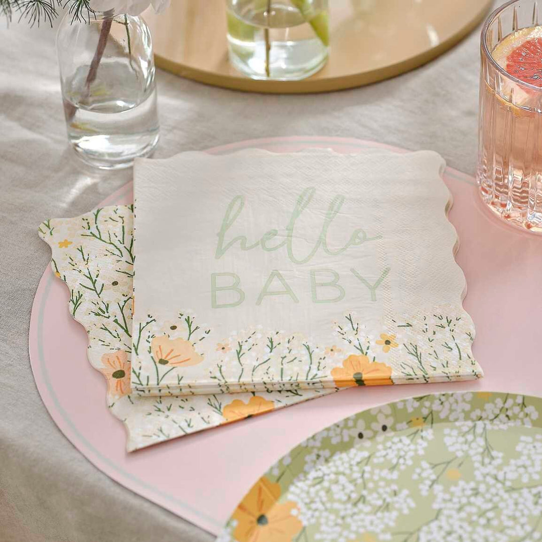 Baby Shower Napkins - Hello Baby Floral Baby Shower Napkins - Botanical Baby Shower - Gender Neutral - Pack of 16