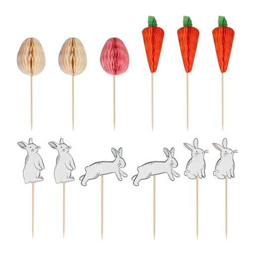 Easter Bunny, Carrot & Egg Cupcake Toppers - Easter Party Decorations - Cake Decorations - Easter Cup Cakes - Reusable Decor - Pack Of 12