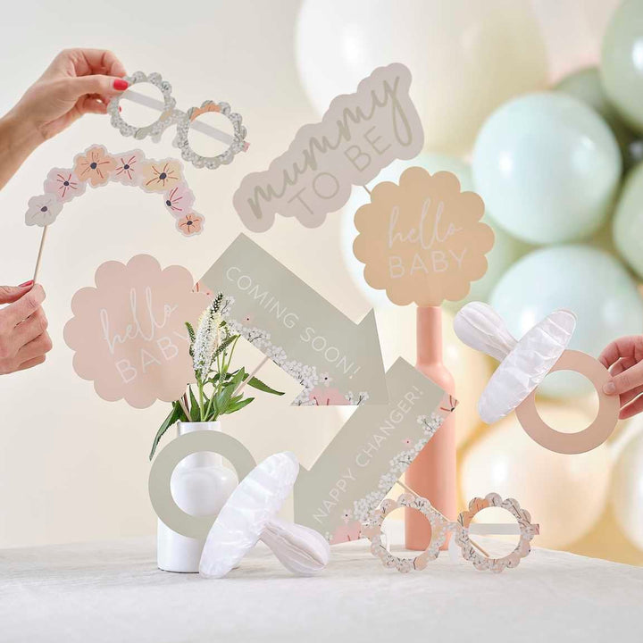 Baby Shower Photo Props - Floral Baby Photo Booth Props - Hello Baby - Pastel Baby Shower Props - Eco Friendly - Gender Neutral - Pack of 10