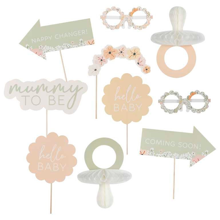 Baby Shower Photo Props - Floral Baby Photo Booth Props - Hello Baby - Pastel Baby Shower Props - Eco Friendly - Gender Neutral - Pack of 10