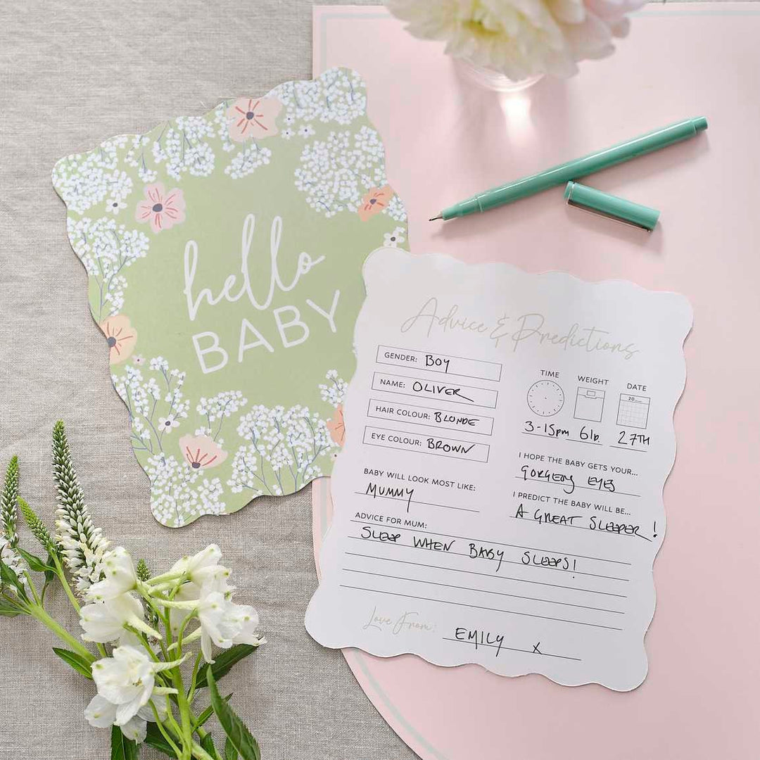 Floral Baby Shower Advice Cards - Baby Prediction Cards - Baby Shower Games - Floral Baby Range Keepsake - Sage Green And White - 10 Cards