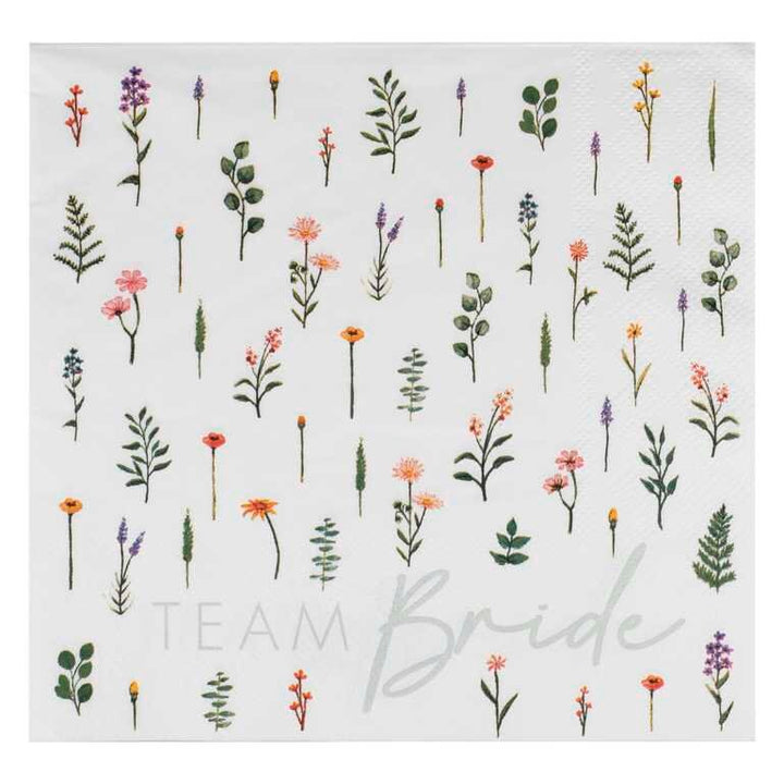 Floral Team Bride Hen Party Paper Napkins - Boho Eco Team Bride Party Napkins -White & Green Foliage Napkins-Bachelorette Napkins-Pack of 16