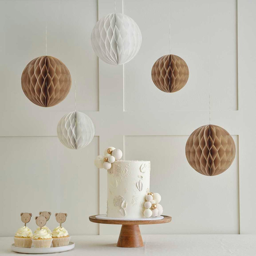 Baby Shower Decorations - Brown & Cream Paper Honeycombs - Round Honeycomb Decor - Neutral Decor - Gender Reveal Party Decorations-Pack Of 5