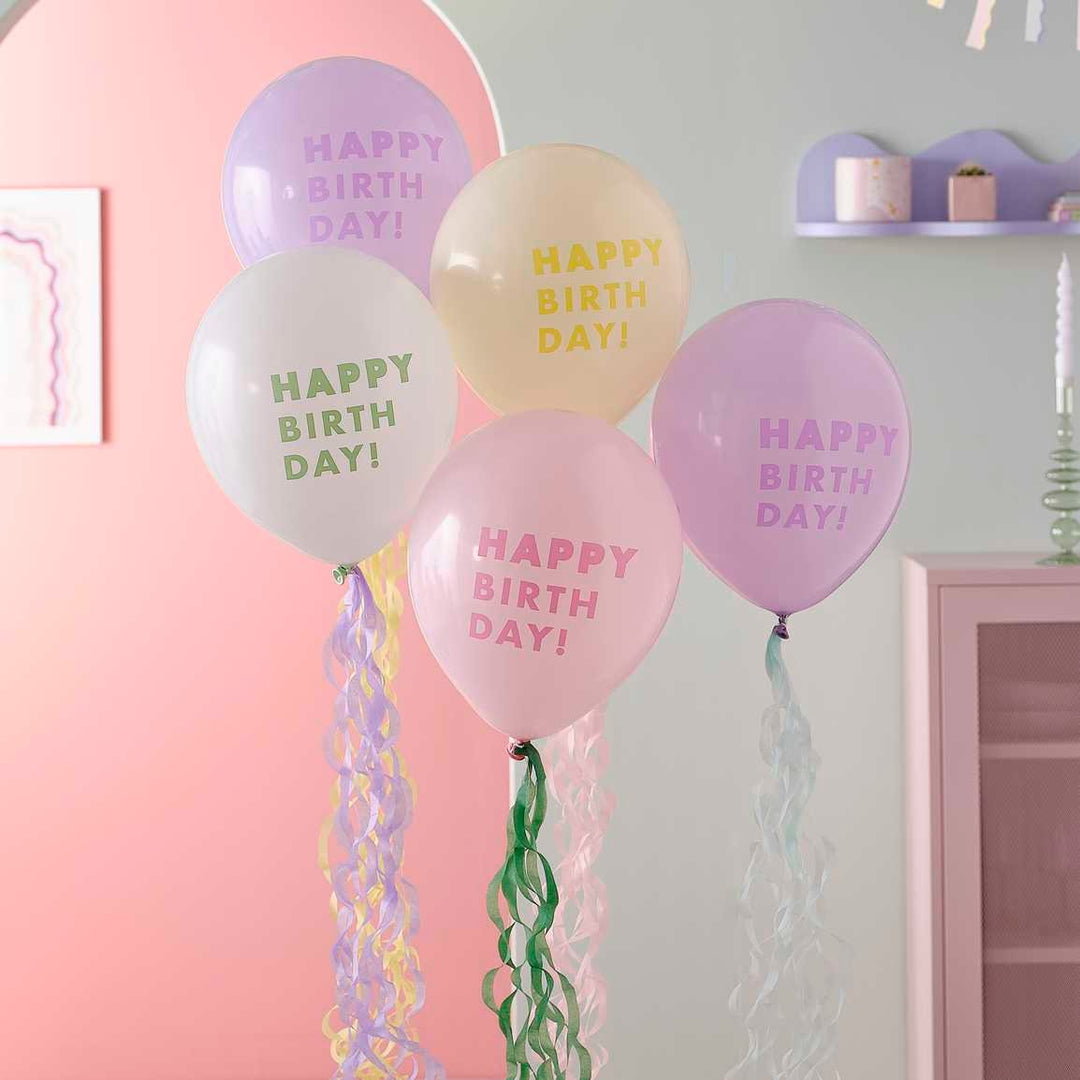 Pastel Happy Birthday Balloon Bundle with Tissue Paper Tails - Birthday Party Balloons - Birthday Party Supplies - Lilac, Pink - Pack Of 5