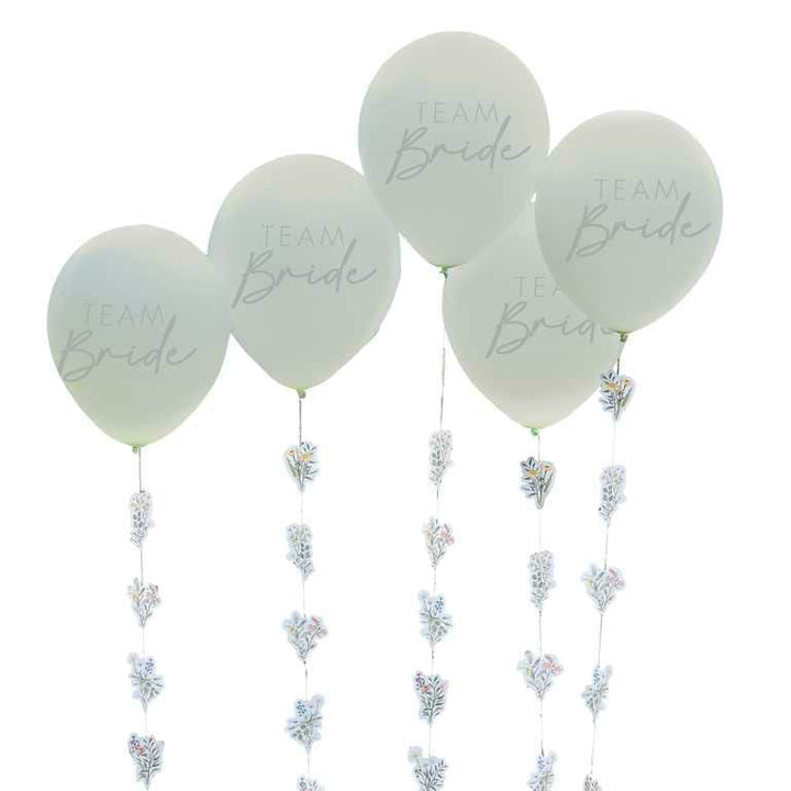 Team Bride Hen Party Balloons with Floral Balloon Tails - Boho Team Bride - Sage Green Team Bride Balloons - Bachelorette Party - Pack Of 5