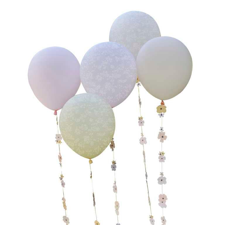 Pastel Flower Balloon Bundle with Floral Balloon Tails - Birthday Party Balloons - Birthday Brunch - Afternoon Tea Party - Pack Of 5