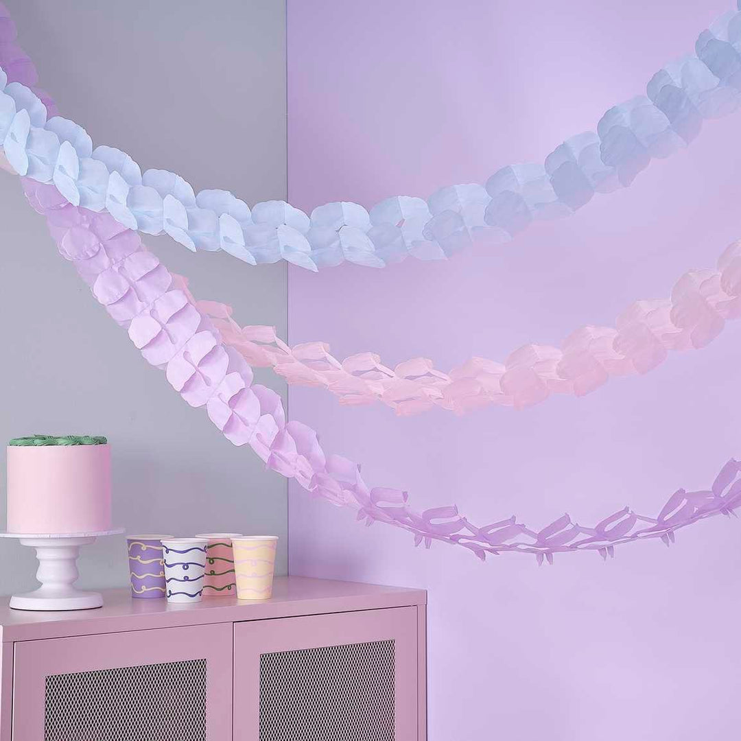 Tissue Paper Garland Hanging Decoration - Blue, Pink & Purple Bunting - Party Decorations - Birthday Party Supplies - Pastel Honeycomb