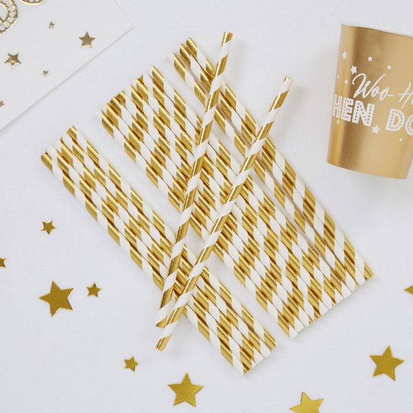 Gold & White Striped Paper Straws - Pack of 25