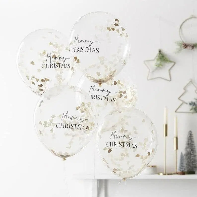 Gold Christmas Confetti Balloons - Merry Christmas Balloons - Christmas Party Decorations - Festive Balloons - Holiday Decor - Pack of 5