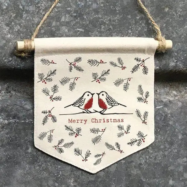 Merry Christmas Pennant - Small Fabric Merry Christmas Sign With Berries - Double Sided Wooden Sign With Robins - Christmas Decorations