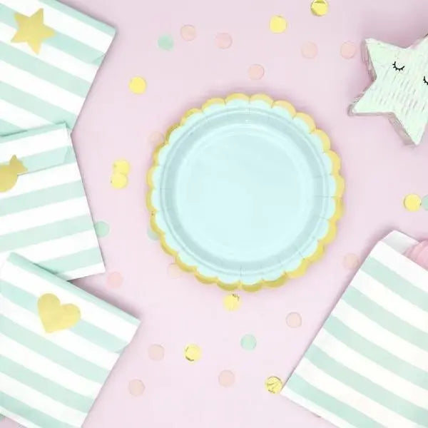 Mint and Gold Scallop Edge Small Party Paper Plates - Pack of 6