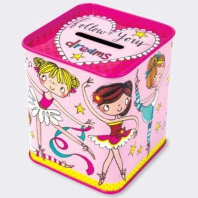 Money Box Piggy Bank - Ballerina Money Tin - Pink Girls Pocket Money Storage Box - Follow Your Dreams - Kids Coin Box - Rachel Ellen Designs