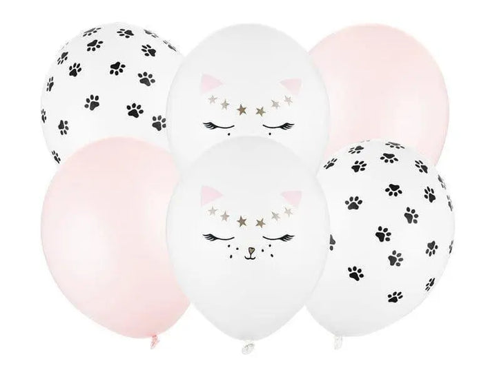Cat Balloons - Pink & White Kitten Party Balloons - Paw Print Balloons -Meow Party-Kitty Cat Helium Balloons-Cat Party Decorations-Pack of 6