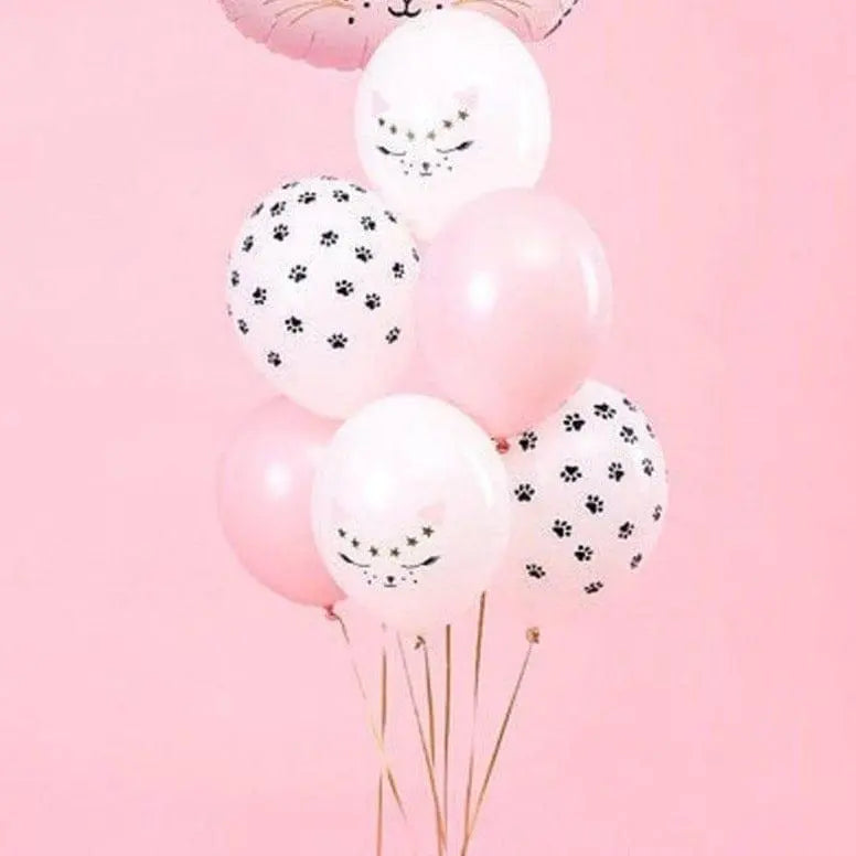 Cat Balloons - Pink & White Kitten Party Balloons - Paw Print Balloons -Meow Party-Kitty Cat Helium Balloons-Cat Party Decorations-Pack of 6