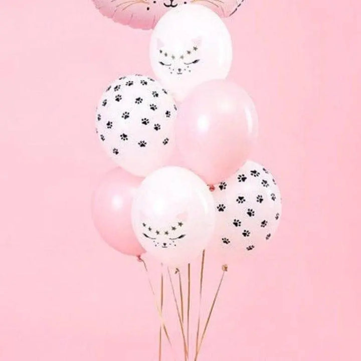 Cat Balloons - Pink & White Kitten Party Balloons - Paw Print Balloons -Meow Party-Kitty Cat Helium Balloons-Cat Party Decorations-Pack of 6