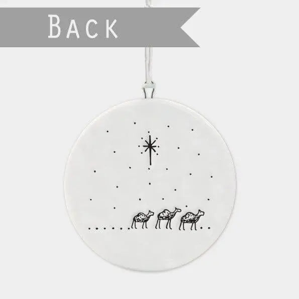 Porcelain Christmas Decoration - Away In A Manger White Flat Bauble With Nativity Scene-Small White Christmas Tree Decorations-Holiday Decor