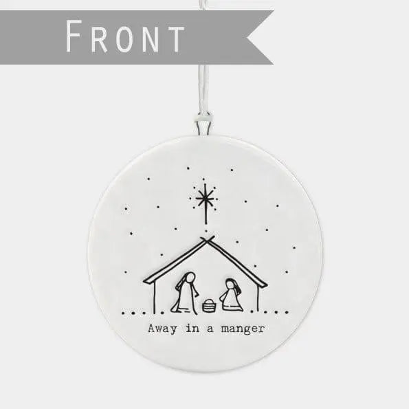 Porcelain Christmas Decoration - Away In A Manger White Flat Bauble With Nativity Scene-Small White Christmas Tree Decorations-Holiday Decor