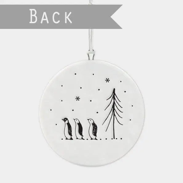 Porcelain Christmas Decoration - Let It Snow White Flat Bauble With Penguins - Small White Christmas Tree Decorations - Holiday Decor