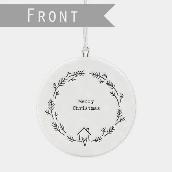 Porcelain Christmas Decoration - Merry Christmas White Flat Bauble With Wreath - Small White Christmas Tree Decoration - Firs -Holiday Decor