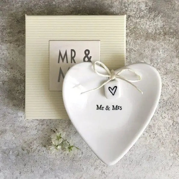Porcelain Ring Dish -  Mr & Mrs Heart Shaped Dish - Engagement And Wedding Gift - Gift Box Included  - Keepsake Bowl For Rings-East Of India