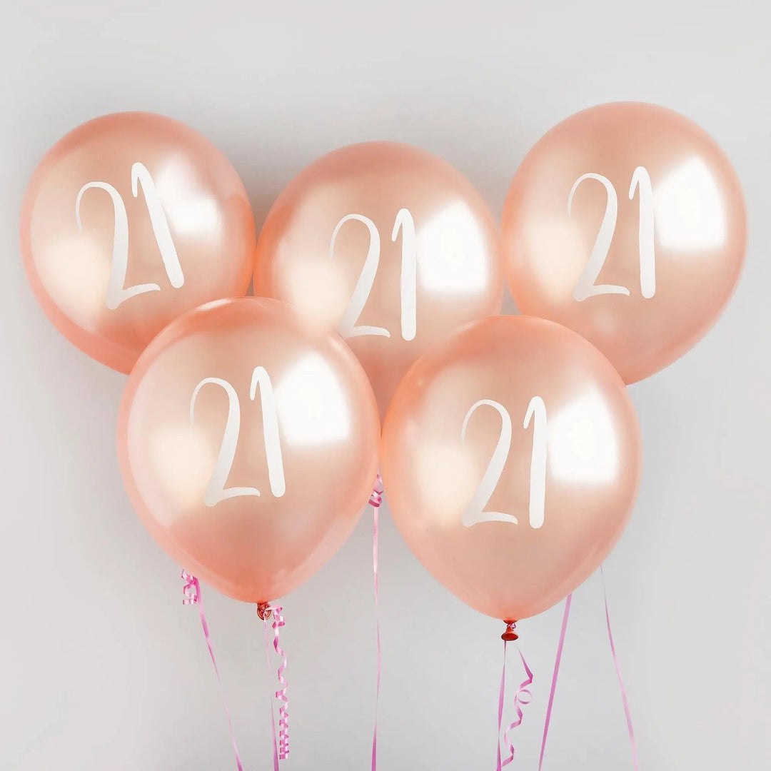 Rose Gold 21st Birthday Balloons - Happy Birthday 21 Balloons - Rose Gold & White Balloons - Party Decorations - Pack of 5