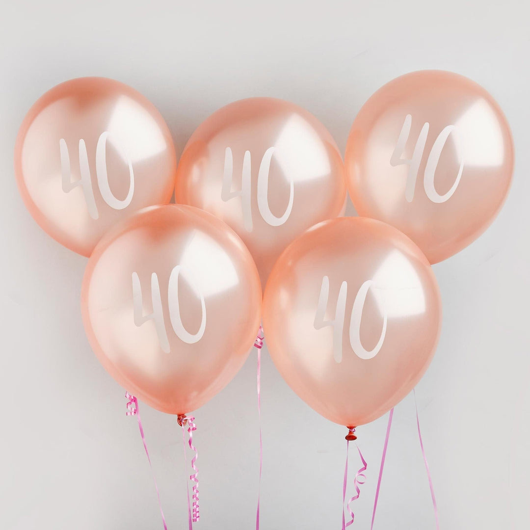 Rose Gold 40th Birthday Balloons - Happy Birthday 40 Balloons - Rose Gold & White Balloons - Party Decorations - Pack of 5