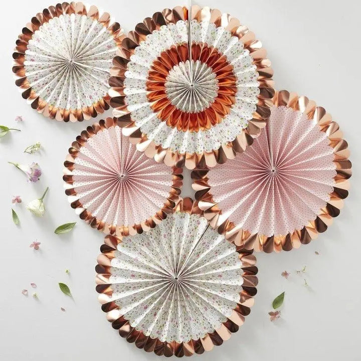Rose gold ditsy floral fans - Party decorations - Paper fan decorations - Hen party decor -Birthday party decor-Baby shower decor -Pack of 5