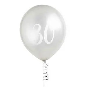 Silver 30th Birthday Balloons - Happy Birthday 30 Balloons - Silver & White Balloons - Party Decorations - Pack of 5