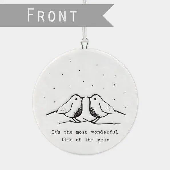 Porcelain Christmas Decoration - Small White Christmas Tree Decoration - It's The Most Wonderful Time Of The Year - Robins - Holiday Decor