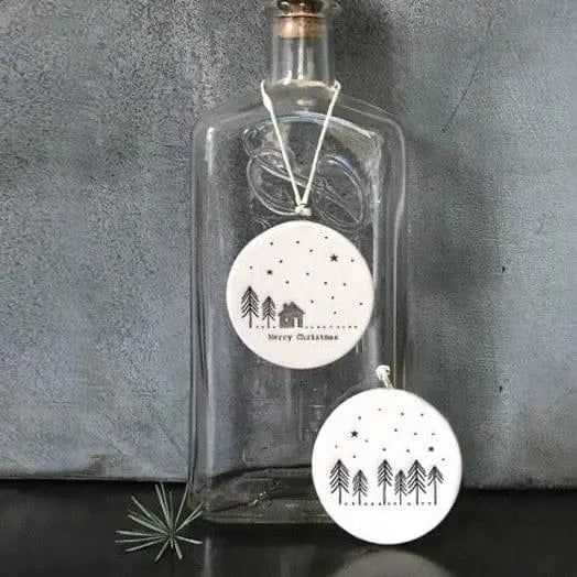 Porcelain Christmas Decoration - Small White Christmas Tree Decoration - Merry Christmas White Flat Bauble -Cabin In The Woods-Holiday Decor