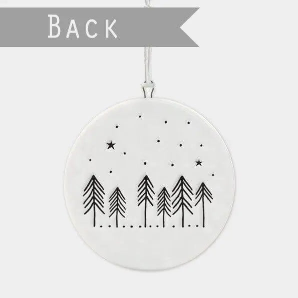Porcelain Christmas Decoration - Small White Christmas Tree Decoration - Merry Christmas White Flat Bauble -Cabin In The Woods-Holiday Decor