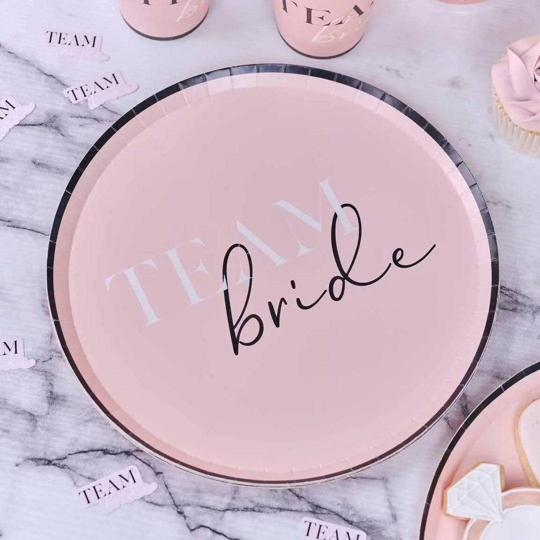 Team Bride Hen Party Paper Plates - Pink & Black Bridal Shower Party Plates - Hen Party Plates - Bachelorette Party Plates - Pack of 8