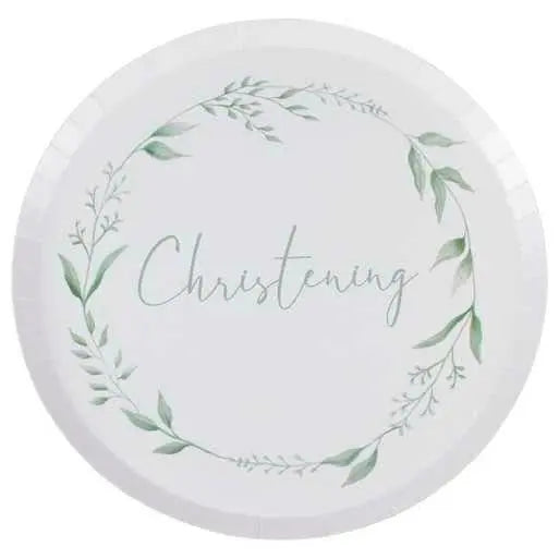 Christening Paper Plates - White & Green Botanical Paper Party Plates - Eco Friendly Party Supplies - Watercolour Leaf Design - Pack of 8