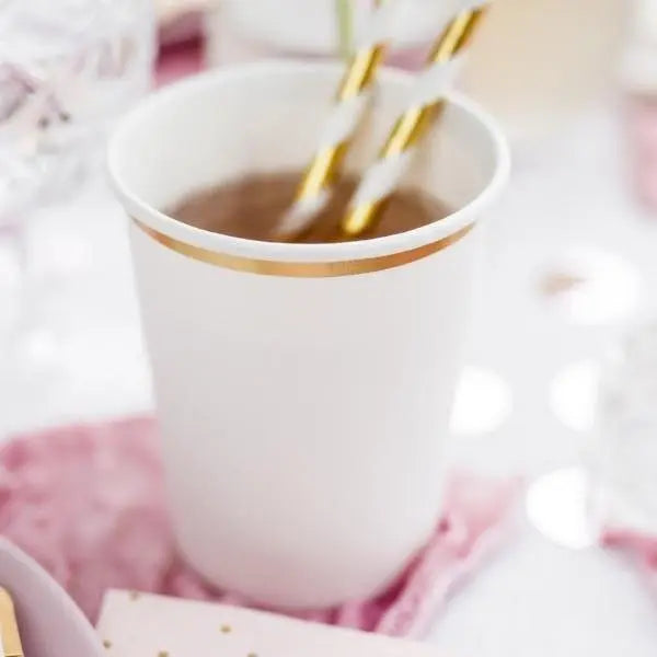 White Paper Party Cups With Gold Foiled Trim - Pack of 6