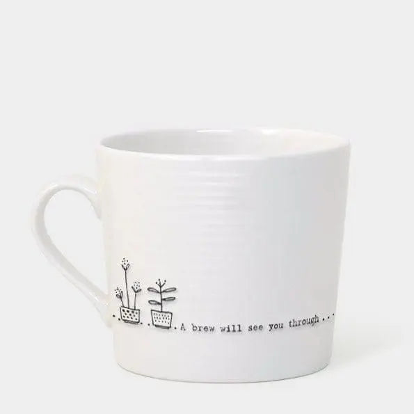 White Porcelain Mug - A Brew Will See You Through - White And Black Coffee Cup - Wobbly Mug - East Of India